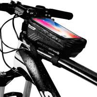 Bicycle cell phone front frame bag, waterproof, bicycle top tube, with touchscreen, red and black, waterproof visor, large capac